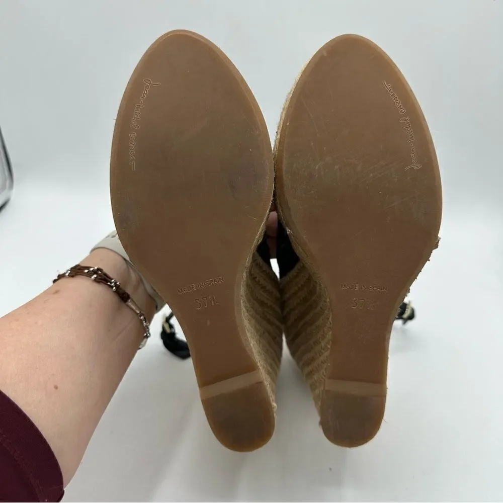 JEAN-MICHEL CAZABAT Black Suede Peep-Toe Espadrille Wedges Sz 37.5 ‎ US 7